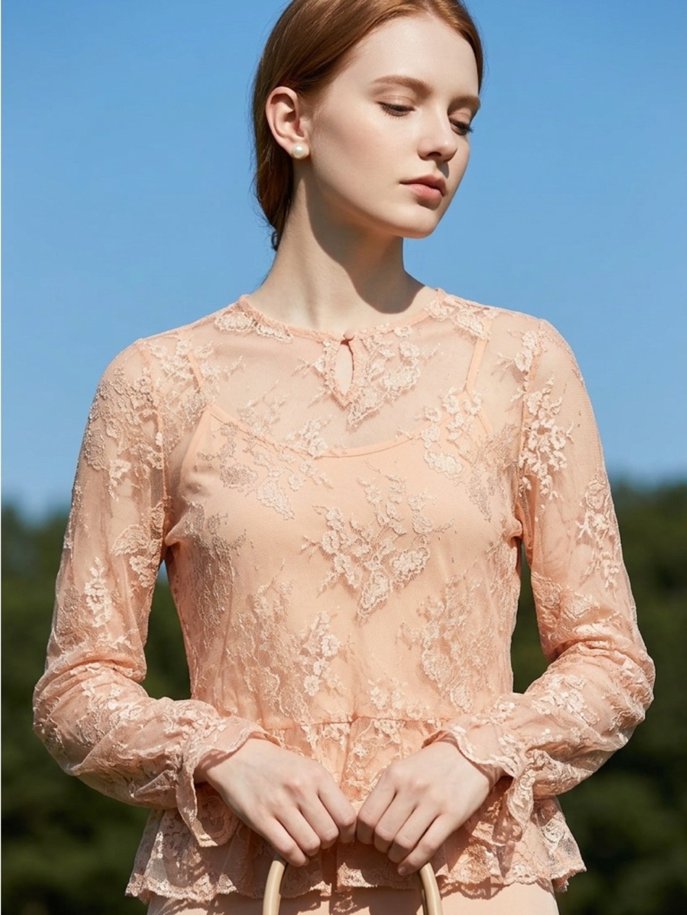 Tulip B Dusty Peach Lace Peplum Blouse